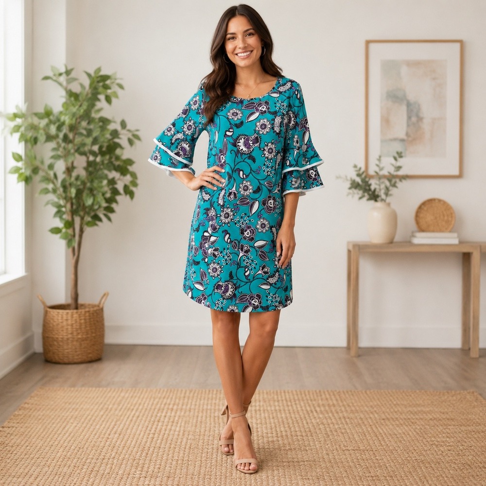 Tacera‎ Boho Paisley Floral Bell Sleeve Shift Dress Modest Cottagecore Medium